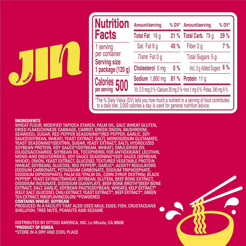 OTOKI Jin Ramen, BTS Jin & JIN RAMEN edition, Authentic Korean Instant Noodles, Rich and Savory Beef Broth, Quick and Easy Meal 4.23 oz x 18 Pack (1 Box) (PACK OF 18, SPICY)