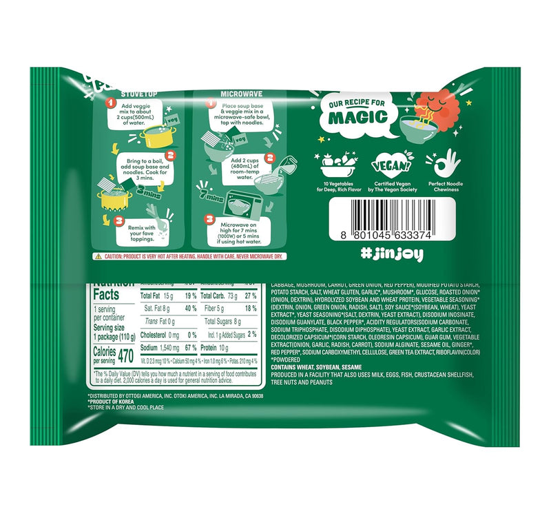 OTOKI Jin Ramen Veggie (4 Pack), Authentic Korean Instant Vegetable Ramen Soup for Vegeterian, Genuine Korean Style Instant Vegan Noodle, Savory & Rich, Quick & Easy Meal 4.23oz x 4 Pack